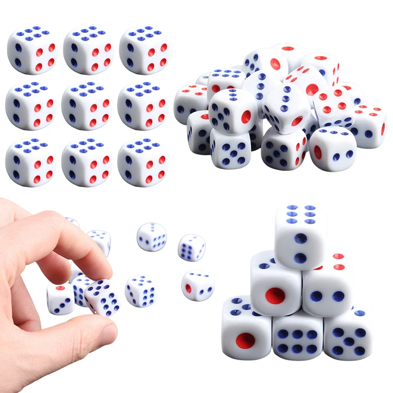

100 шт./упак. Кубики 10 мм, белый фон, красные и синие точки, игровые кубики, реквизит для вечеринок и развлечений, ZYF