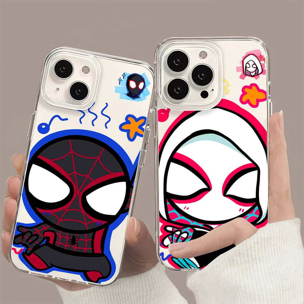 MINISO S-Spider M-Man Gwen Couple Cute Phone Case For iPhone 11 13 16 15 14 12 Pro Max Plus Clear Transparent Soft Shell