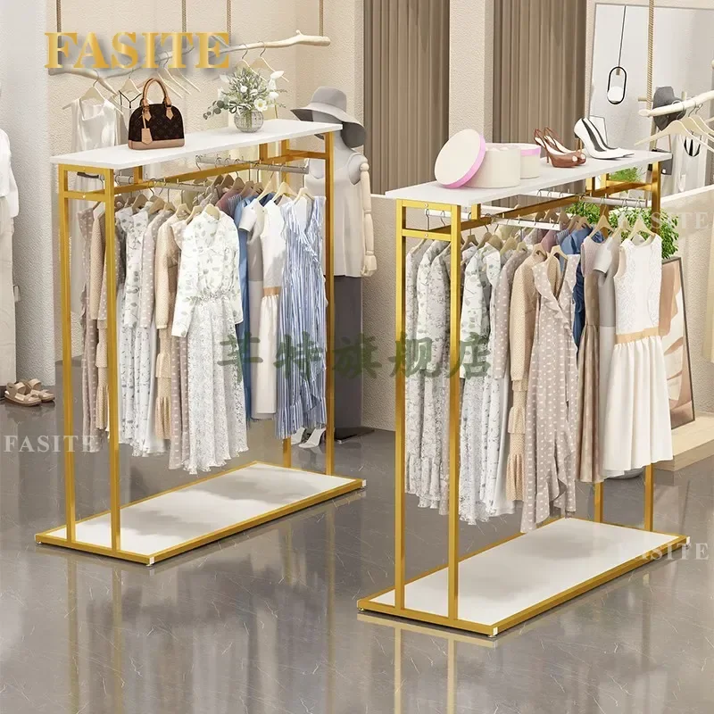 For Clothing Store Floor to Ceiling Display Rack Gold Metal Single Row Double Sided Front Hanging Shelf for Men Women Kids