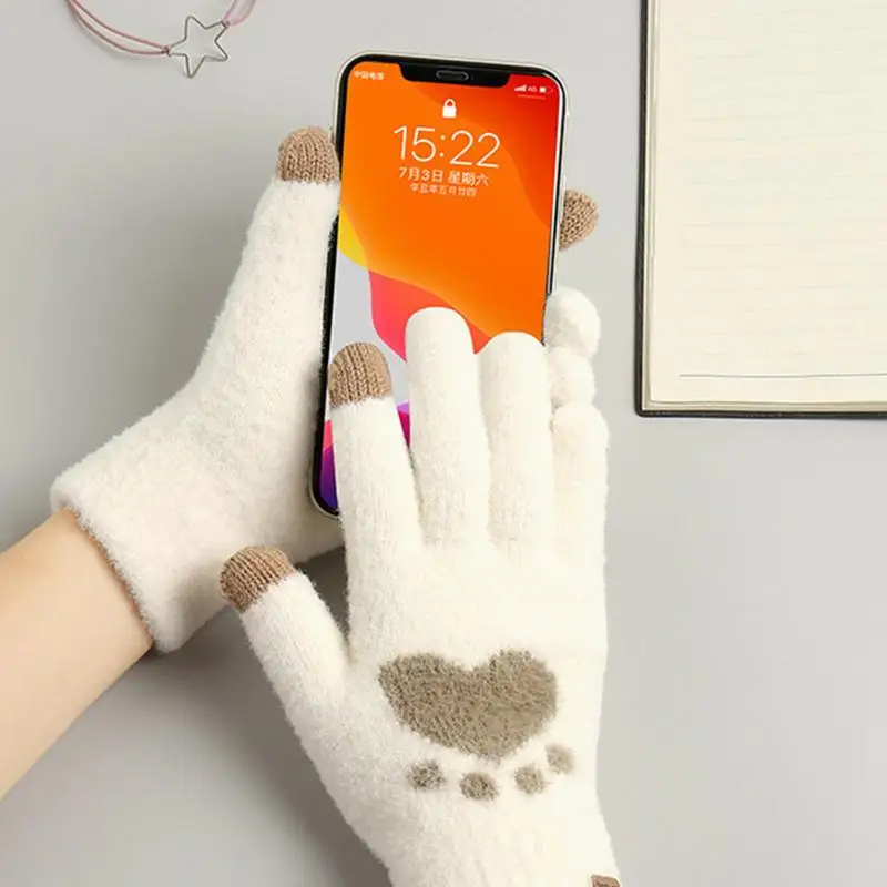 Guantes de invierno para pantalla táctil con patrón de Pata de Gato para mujer, guantes cálidos de dedos completos para hombre, con pantalla táctil