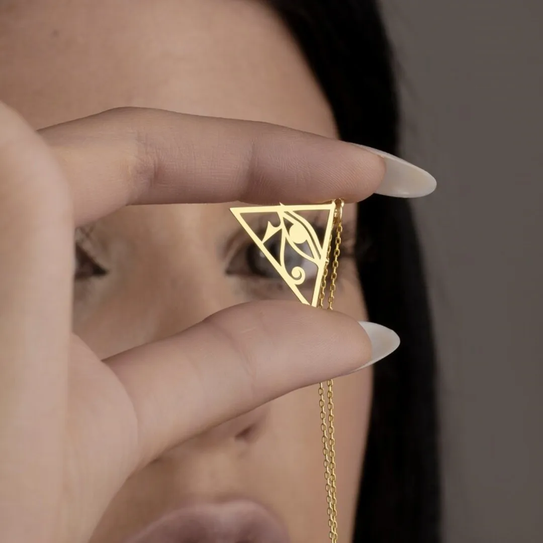 Stainless Steel Ancient Egypt Eye of Horus Necklace Retro Triangle Eye of Ra Pendant Necklace for Women Egyptian Amulet Jewelry