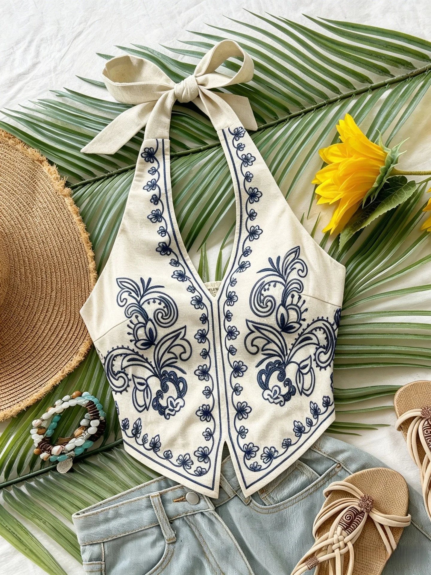 Women Floral Embroidered Halter Top Boho Sleeveless Backless Tie Neck Crop Tank Summer Beach Vacation Camisole