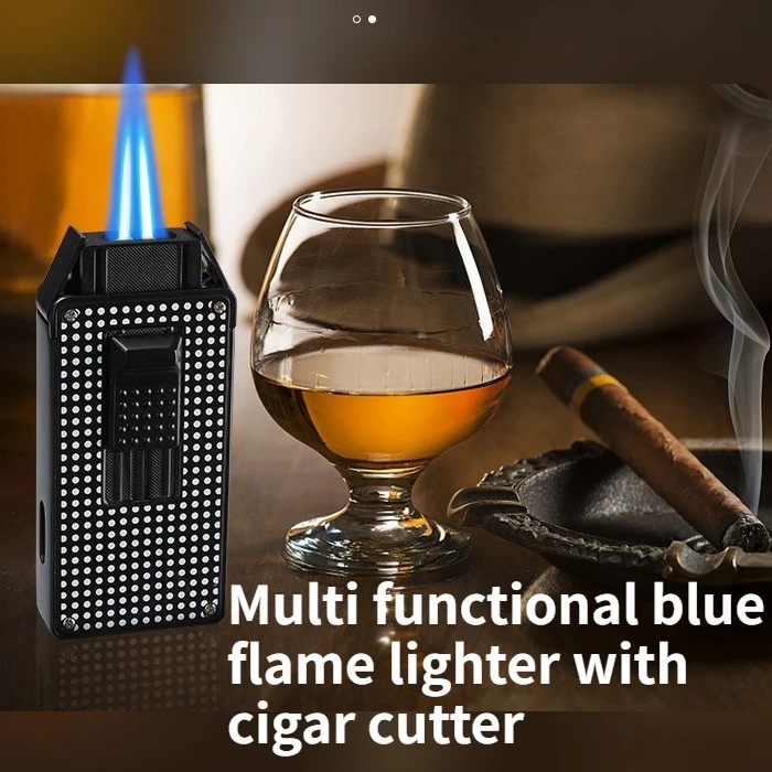 

Multi Functional Metal Dual Flame Straight Forward Windproof Blue Flame Lighter with Cigar Cutter Men's Gift