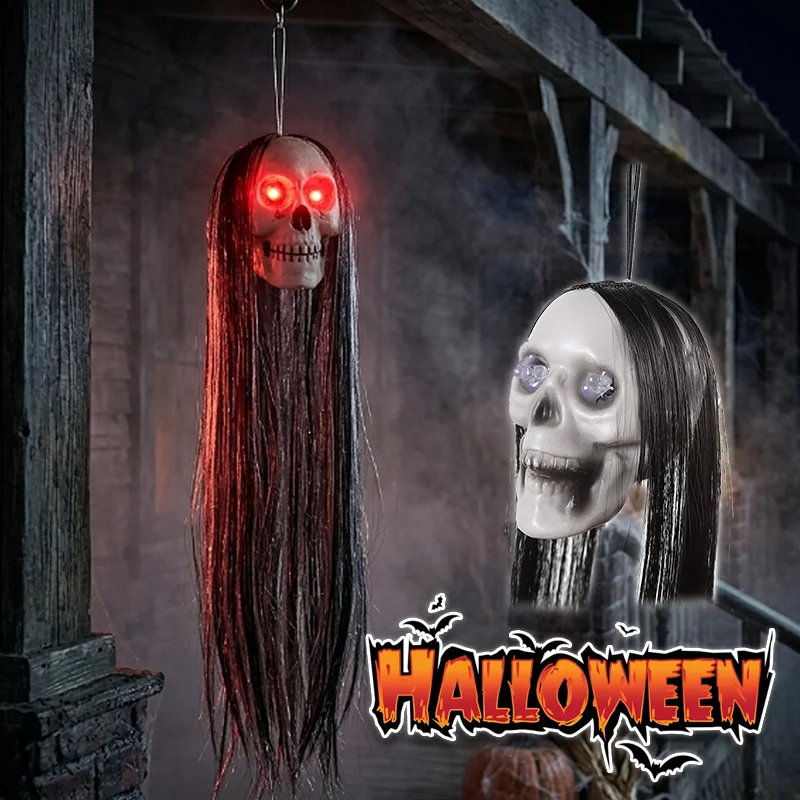 Hanging Ghost Skull with Long Hair Glowing Eyes Terror Skull Skeleton Head Prop Halloween Haunted House Decoration