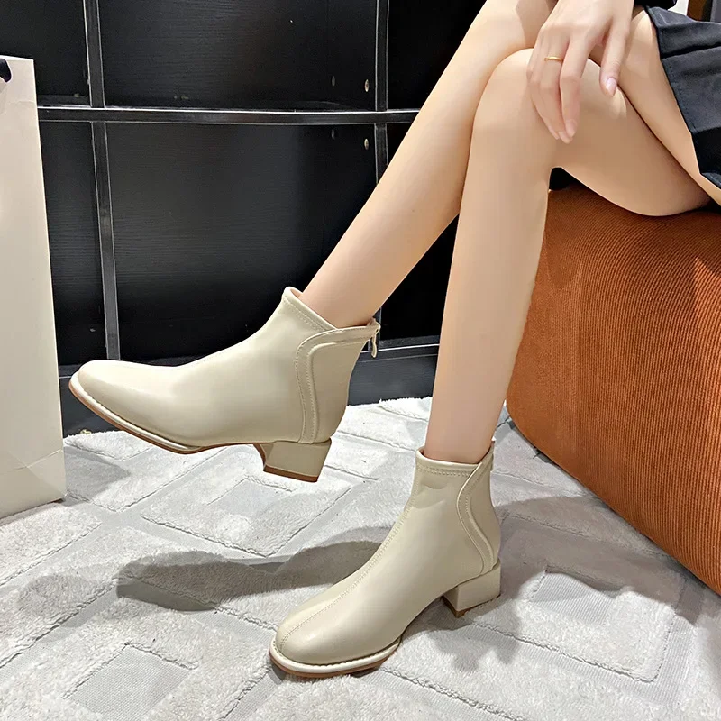 2024 Boots Square Toe Women Slim Ankle Boots Fashion High Heel Ladies Elegant Back Zippers Short Booties Winter Women\'s Footwear