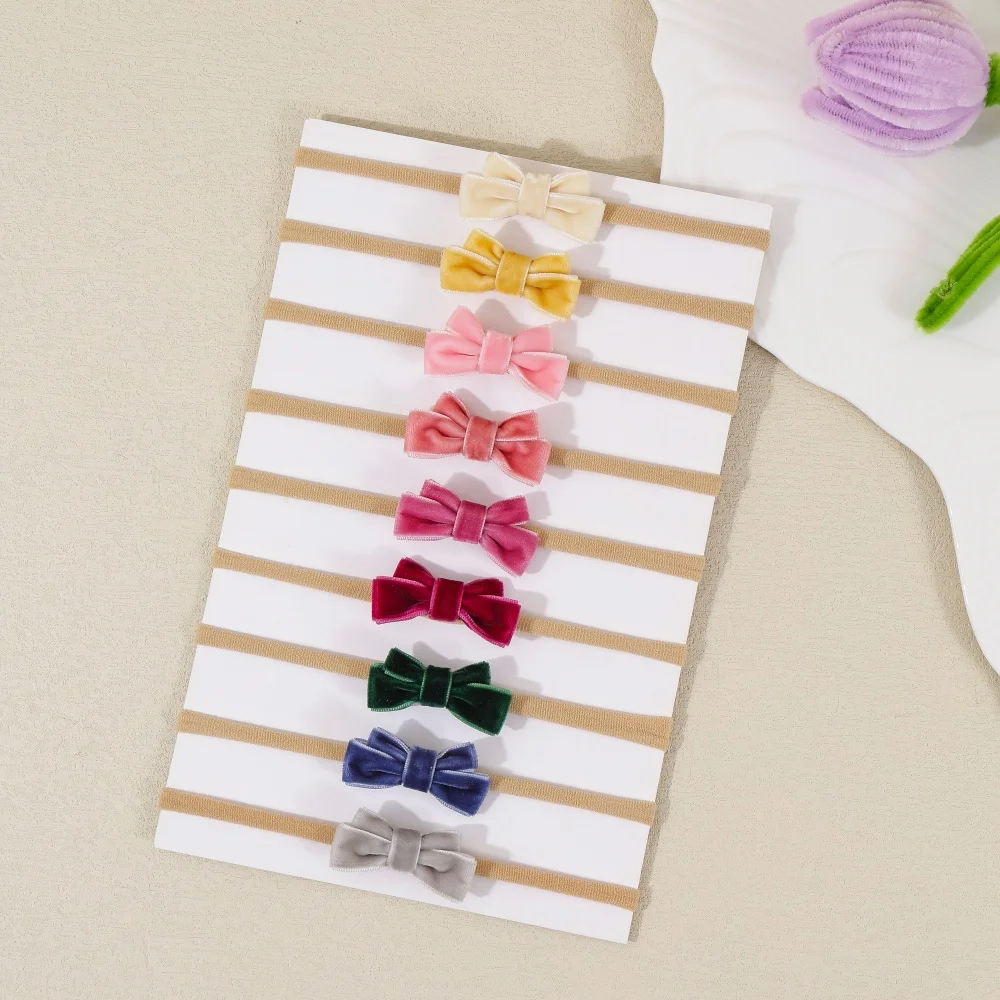 Soft Velvet Bow Baby Headbands Handmade Solid Color Nylon Elastic Hair Bands for Toddler Girls Children Hair Accessories