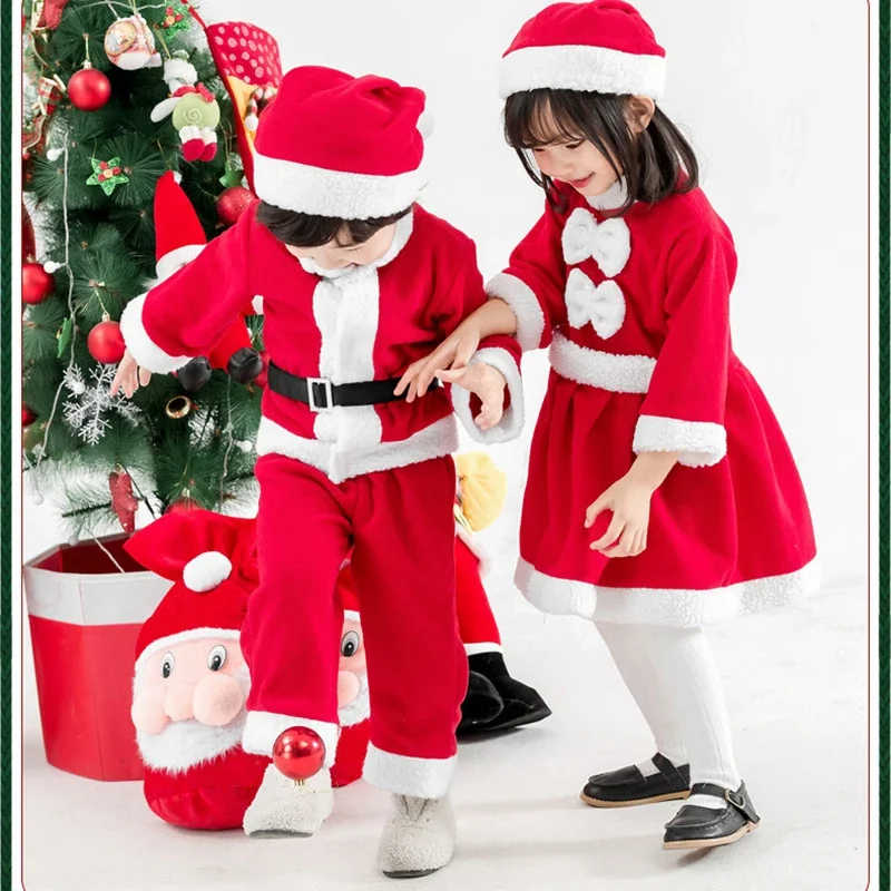 Costume cosplay di Natale per bambini Ragazzi Ragazze Vestito da Babbo Natale Bambino Bambino Rosso Vestiti di Natale Vestito da spettacolo per feste di Capodanno