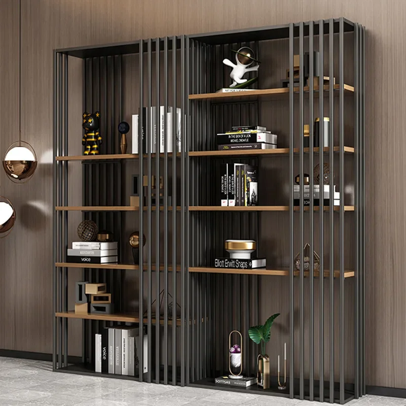 Modern minimalist solid wood floor standing bookshelf, iron art office partition cabinet, sample room storage rack