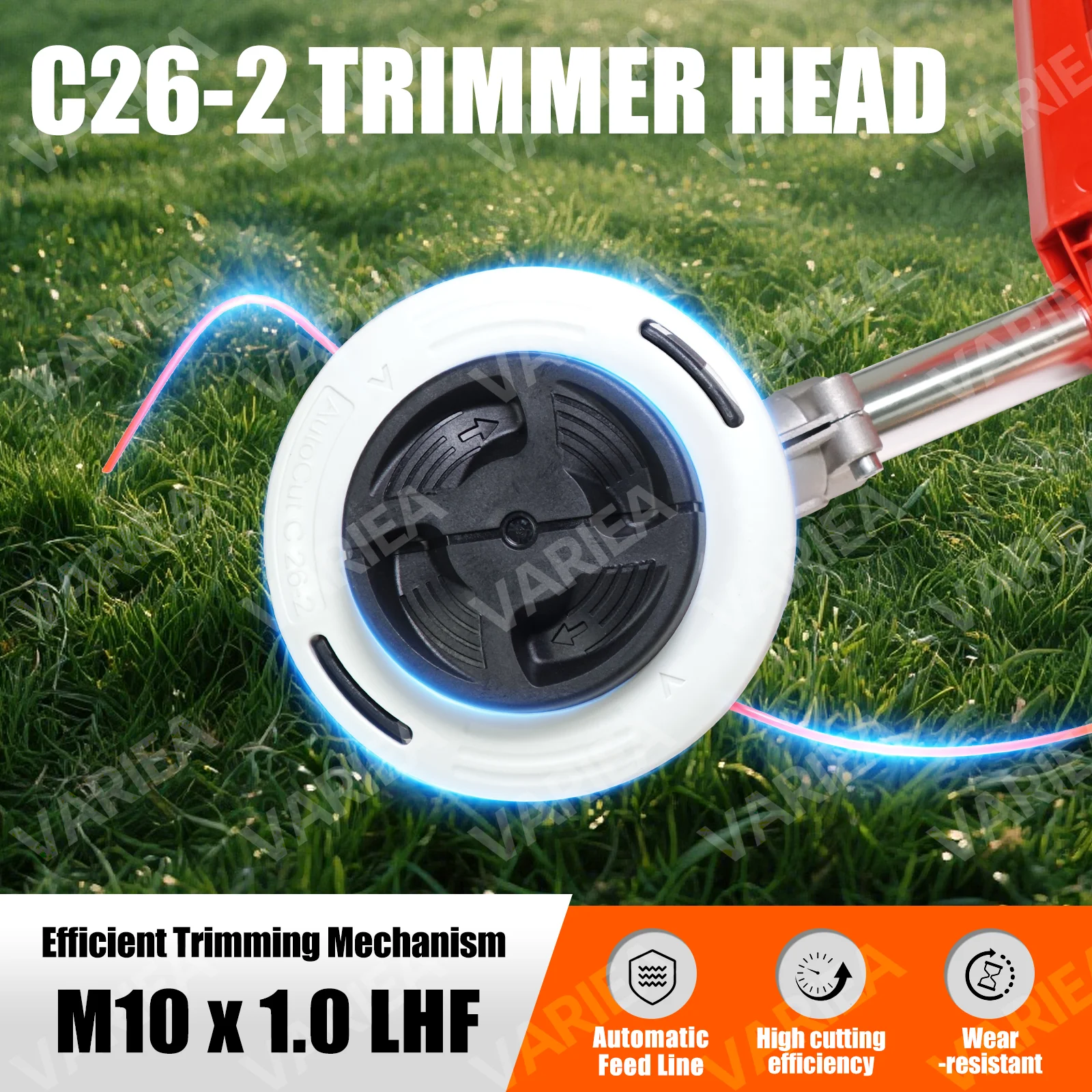 VARIEA-C26-2 trimmer head, M10*1.0 thread, durable plastic structure for easy installation, high-efficiency garden maintenance,