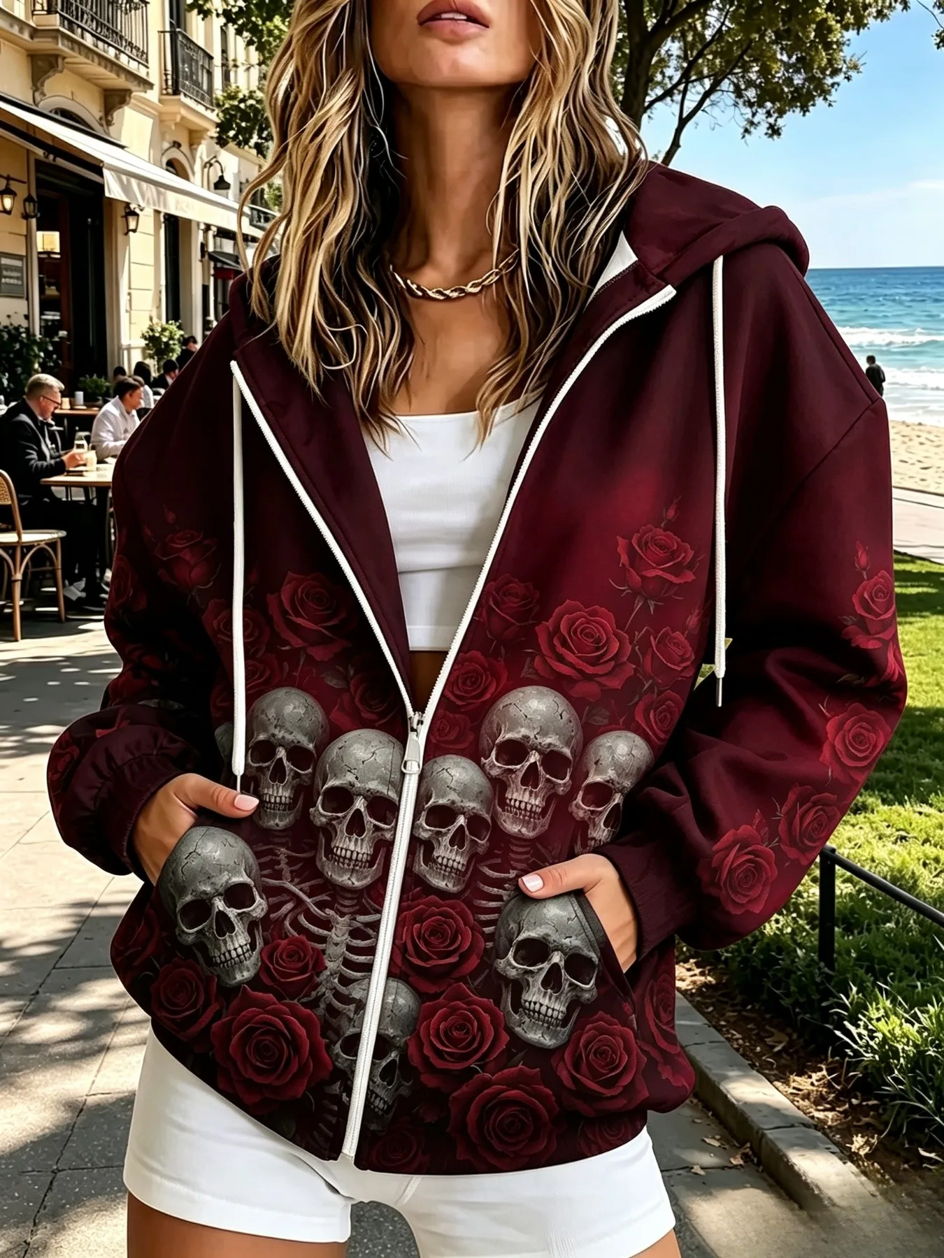 2026 autumn and winter new style women's zipper hooded sweater with 3D skeleton pattern printing street casual and comfortable