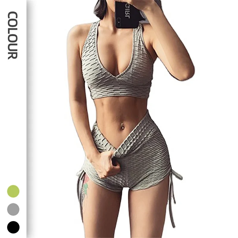 

Aiithuug Бюстгальтер и шорты Комплект для йоги Тренировочные комплекты для женщин Бесшовные укороченные майки с высокой талией Шорты для йоги Сексуальная одежда на шнурке