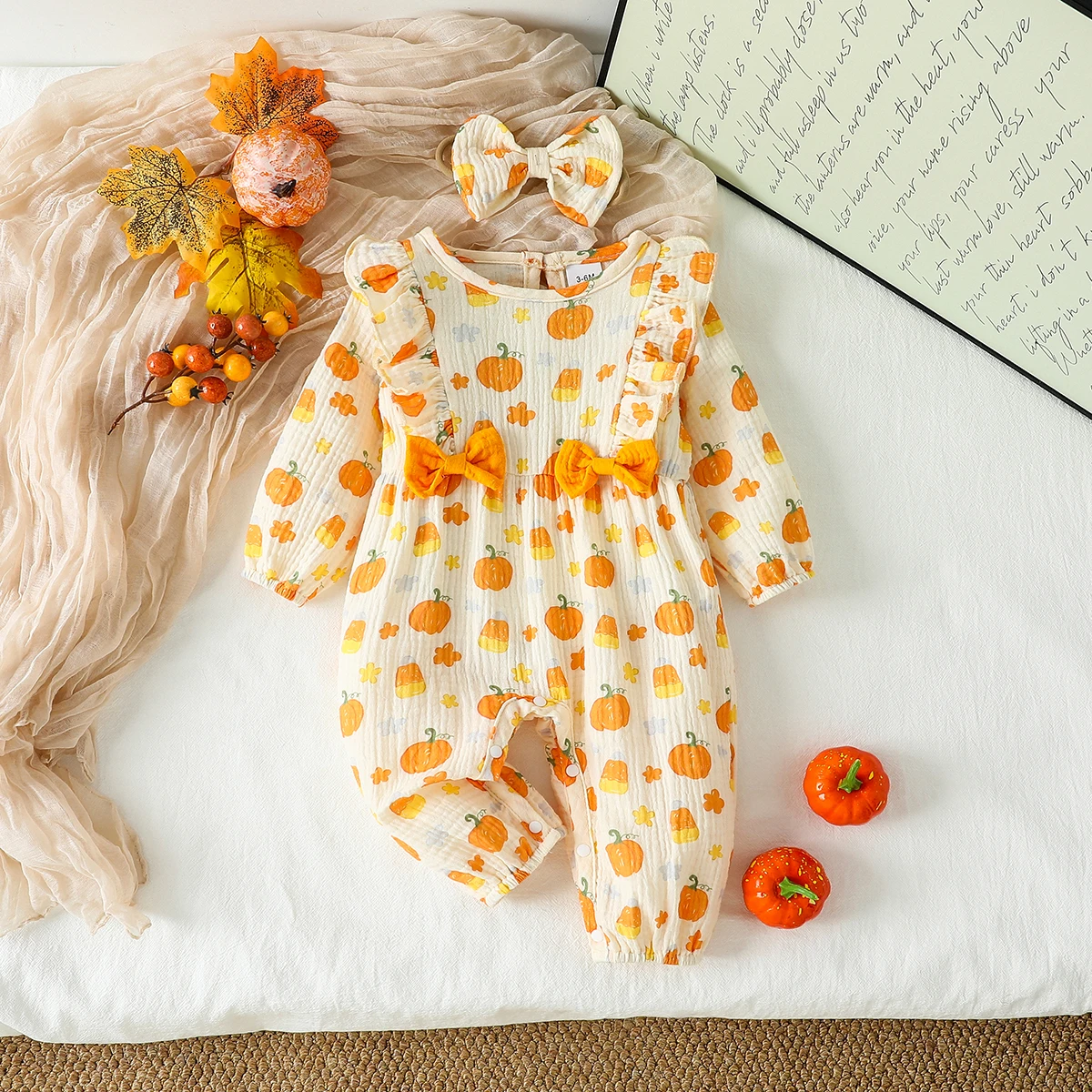 

2 шт., хлопковый мягкий комбинезон с длинными рукавами и цветочным принтом для маленьких девочек, милый комбинезон с бантом на весну/осень, От 0 до 1 года + повязка на голову