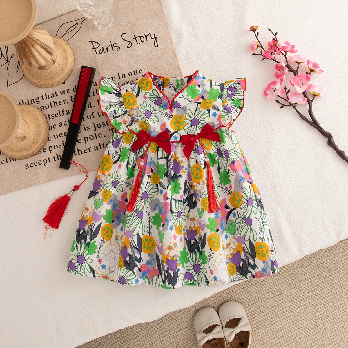 Chinese Style Retro Casual Red Tassel Bows Green Floral Toddler Dress Summer Cotton Comfortable Short Sleeved Baby Girl Dress