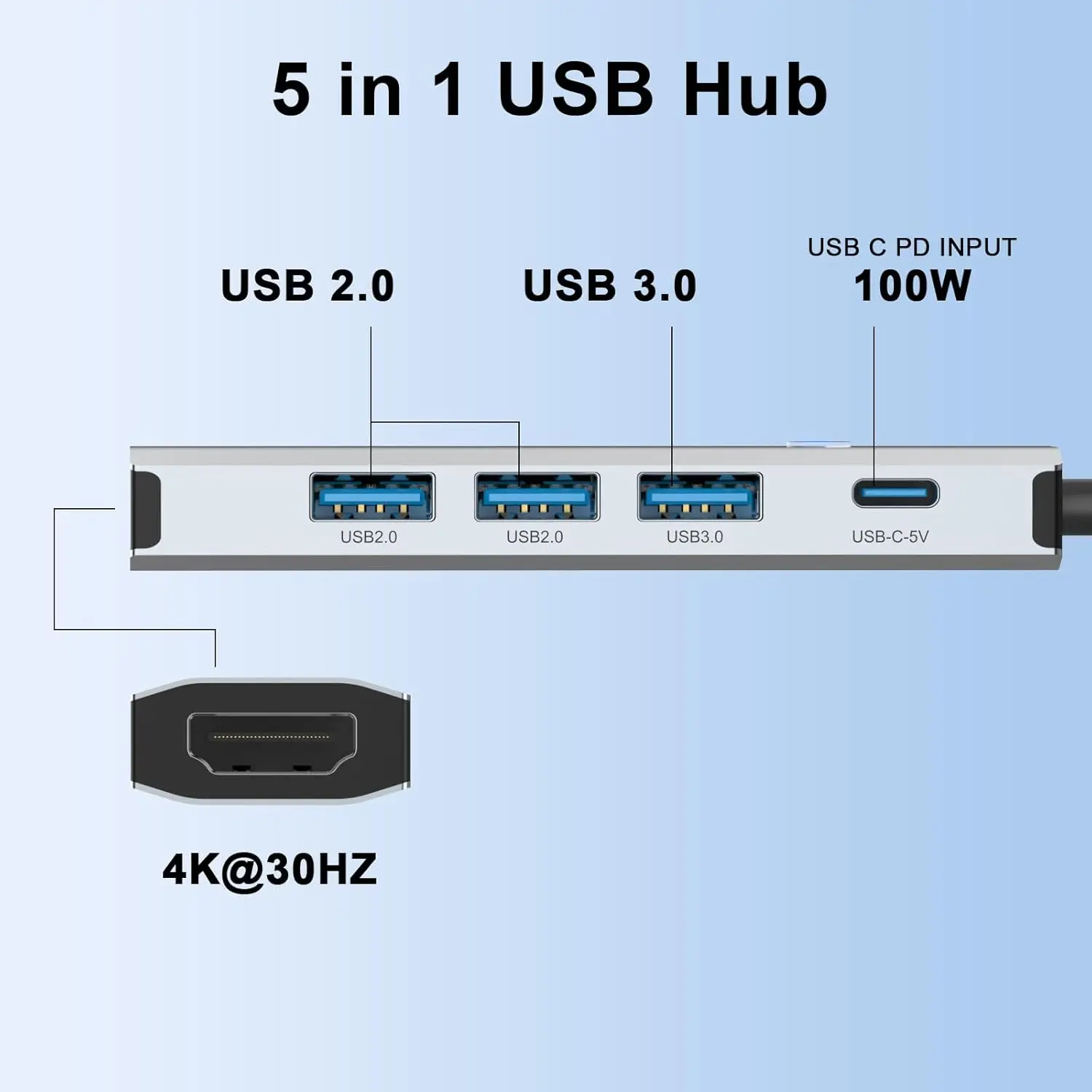 

Адаптер 5-1 USB C-концентратора HDMI 4K при 60 Гц, 3 × USB-передача данных, многопортовый разветвитель PD-порта типа C 100 Вт для ноутбука, ПК, настольного компьютера