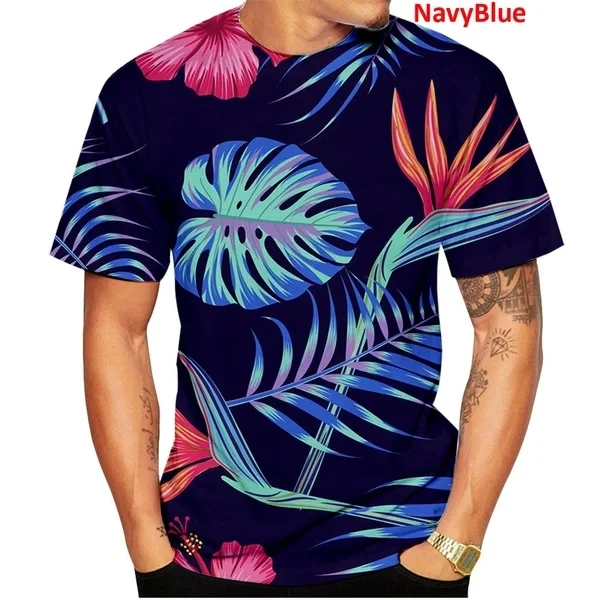 Men's Short Sleeve T Shirt Tropical Hibiscus Palm Leaf Bright Orange Print Summer Beach Casual Mens Tops﻿