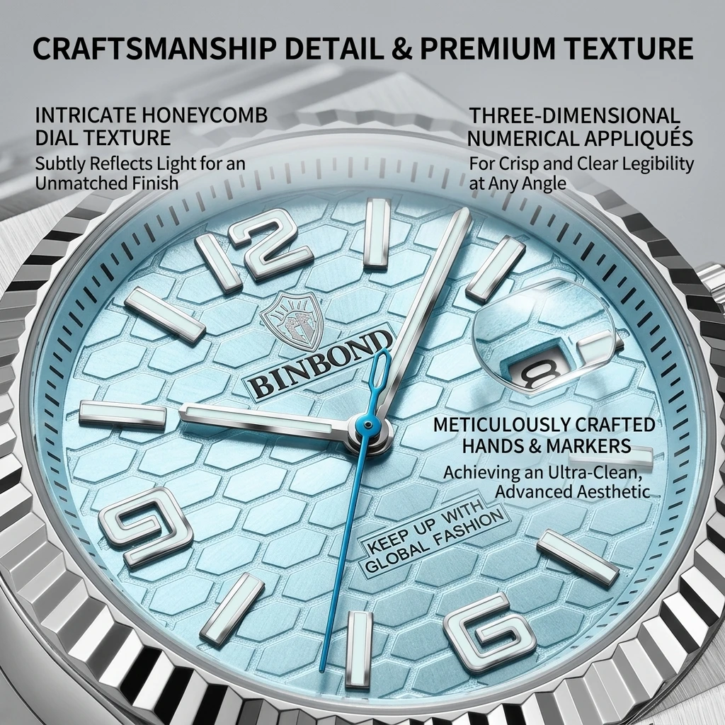 1 Fashion Watch Light Blue Hexagonal Texture Dial Metal Strap Minimalist Temperament Daily Versatile Date Display