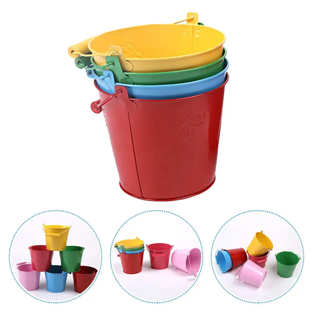

4Pcs Beach Buckets Iron Colorful Sand Play Fun Water Carry Handle Child Sand Sculpture Set Gift Beach Bucket Toy