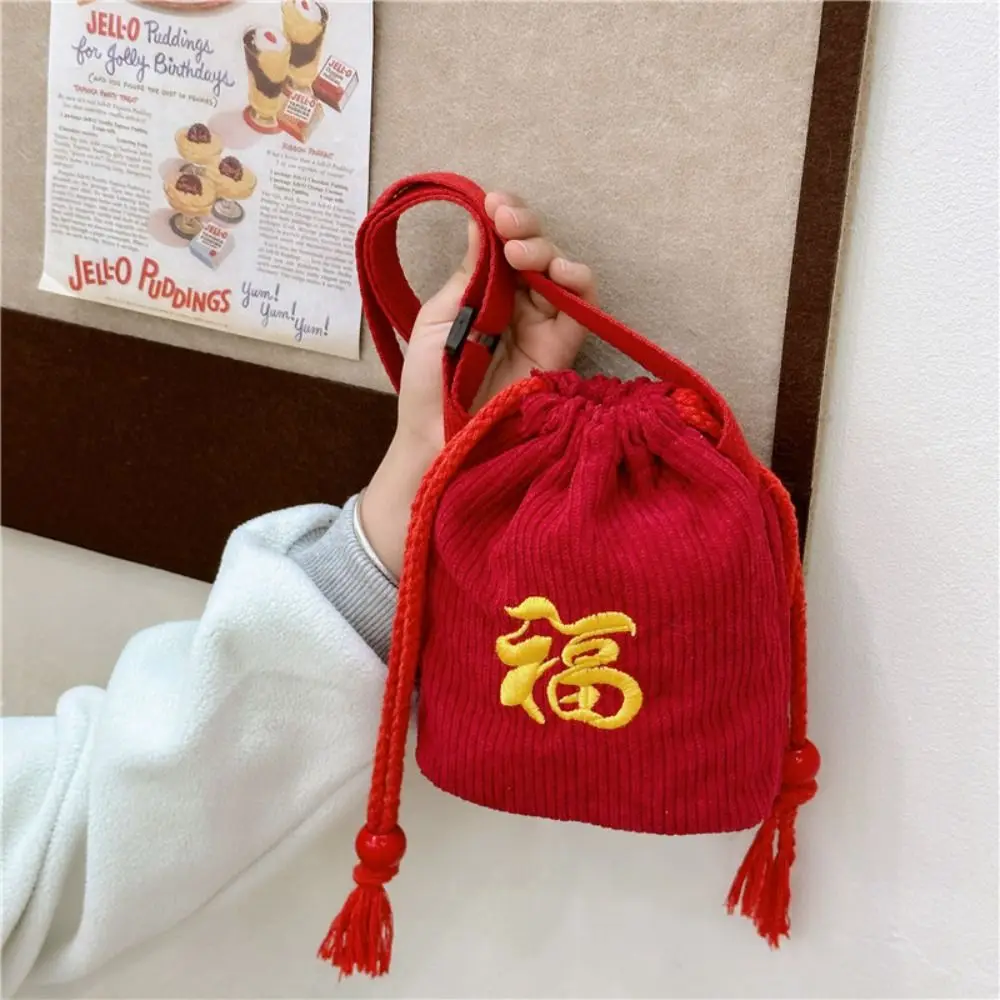 Spring Festival New Year Drawstring Bag Crossbody Chinese Style New Year Lucky Money Bag Party Red Fu Embroidered Bag 's Bag