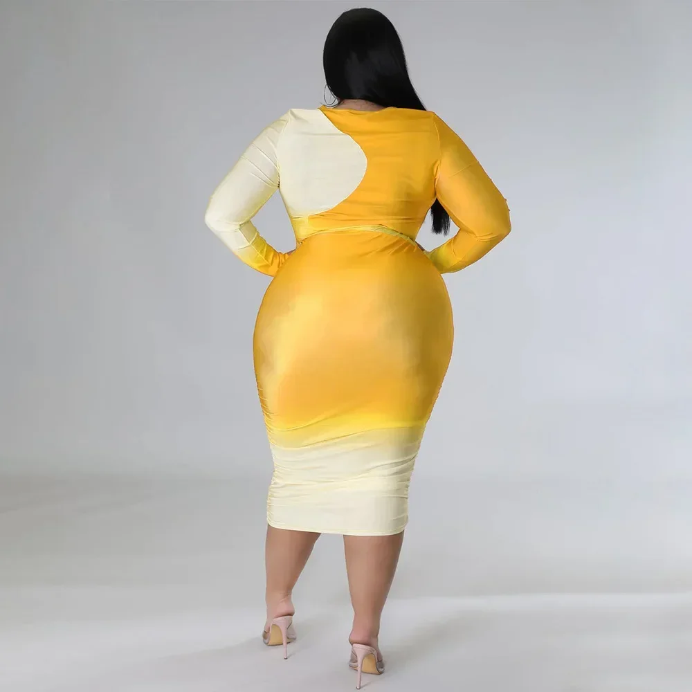 Kxu gradiente impressão elegante plus size feminino o pescoço manga longa bodycon bandage vestido 2024 primavera magro vestidos de festa