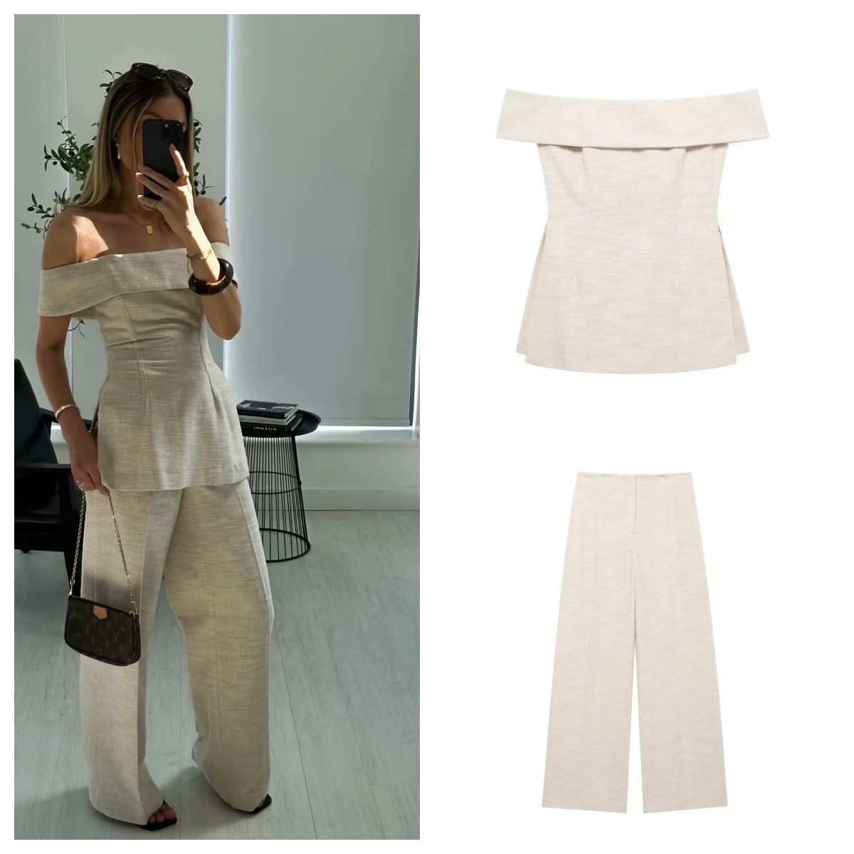 European and American style new high-end suit for women side slit one shoulder tube top slim top with high waist straight wid