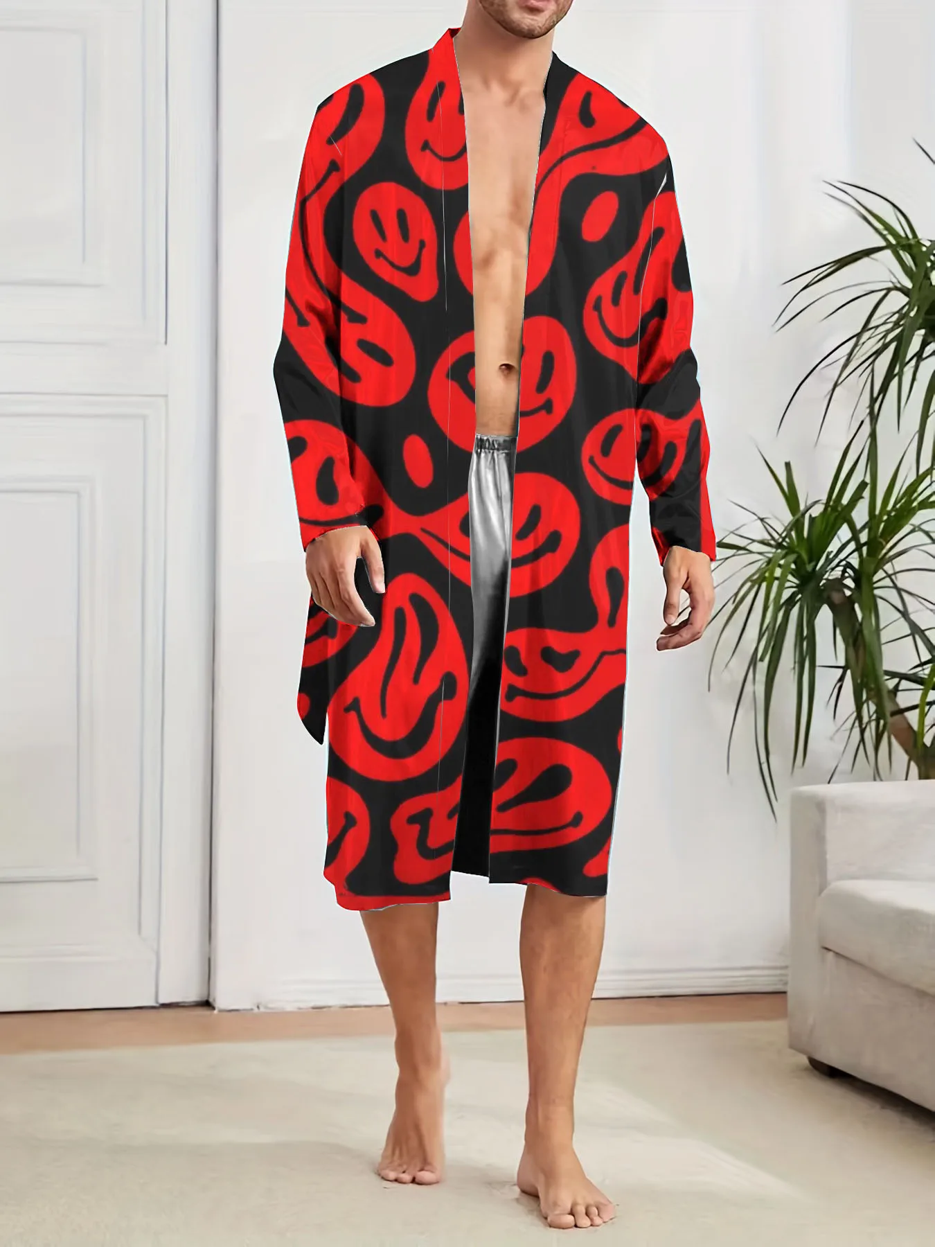 ثوب نوم رجالي بنمط وجه مبتسم مطبوع رقميًا للربيع والخريف، ثوب نوم كاجوال عصري، سريع الجفاف