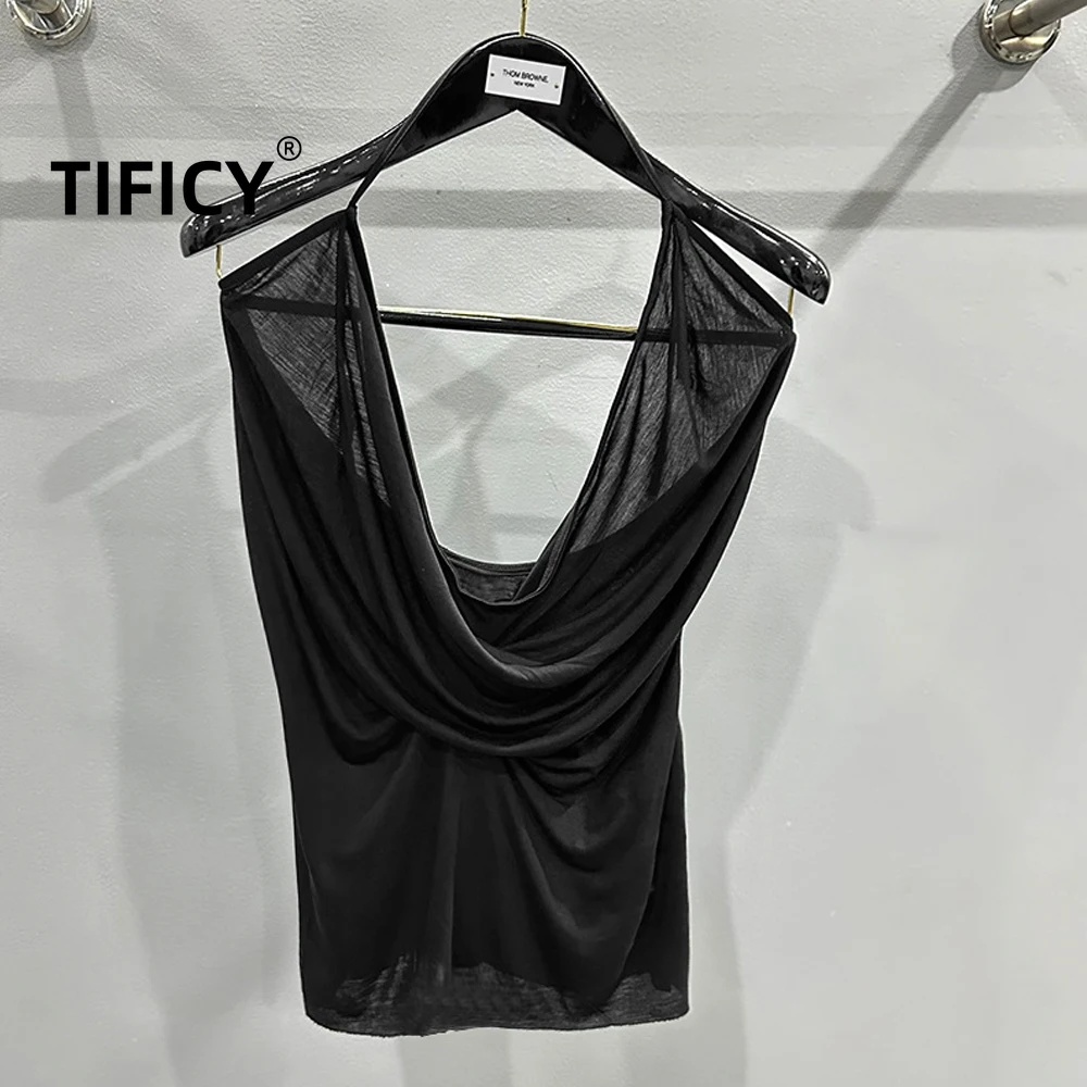 High Quality Tees Tshirt Top Women's Spring/Summer Dropped Neck Wrap Sleeveless Silk Smooth Knitted Spicy Girl Tank Top