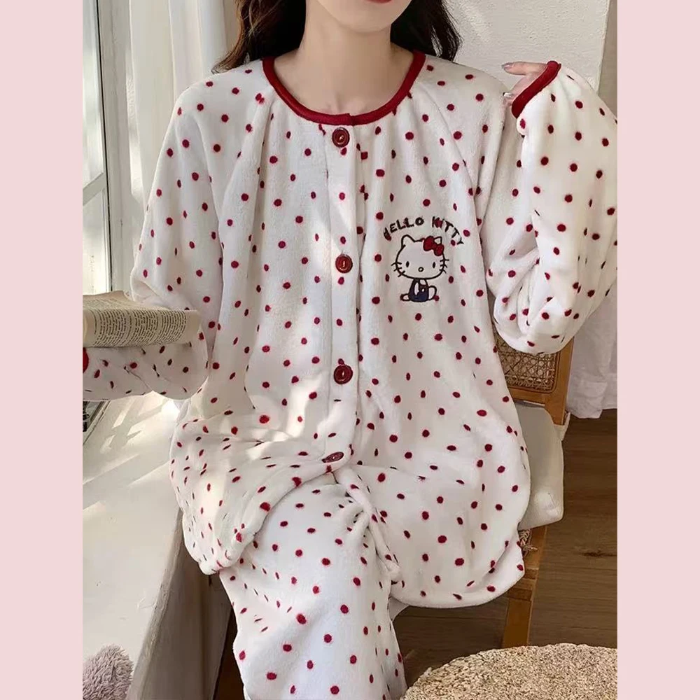 

Kawaii Hello Kitty Women Plush Pajamas Suit Sanrio Anime Spring Autumn Homewear Girls Cartoon Thickened Nightgown Tops Pants Set