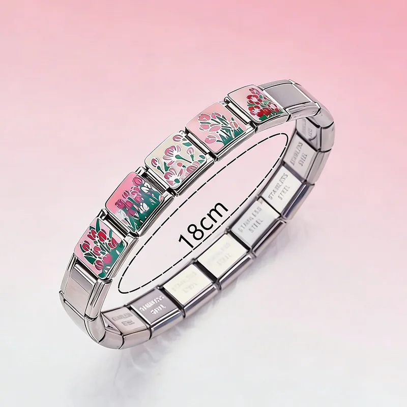 

Romantic Flower Series Pattern Italian Charm Module Stainless Steel Welding Elastic Bracelet for Woman DIY Making Onhand Jewelry