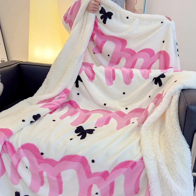 

Pink Letter Thickened Throw Blanket Girl Woman Children's Bedroom Warm Soft Sleeping Blanket Queen Fashion Black Bow Blankets