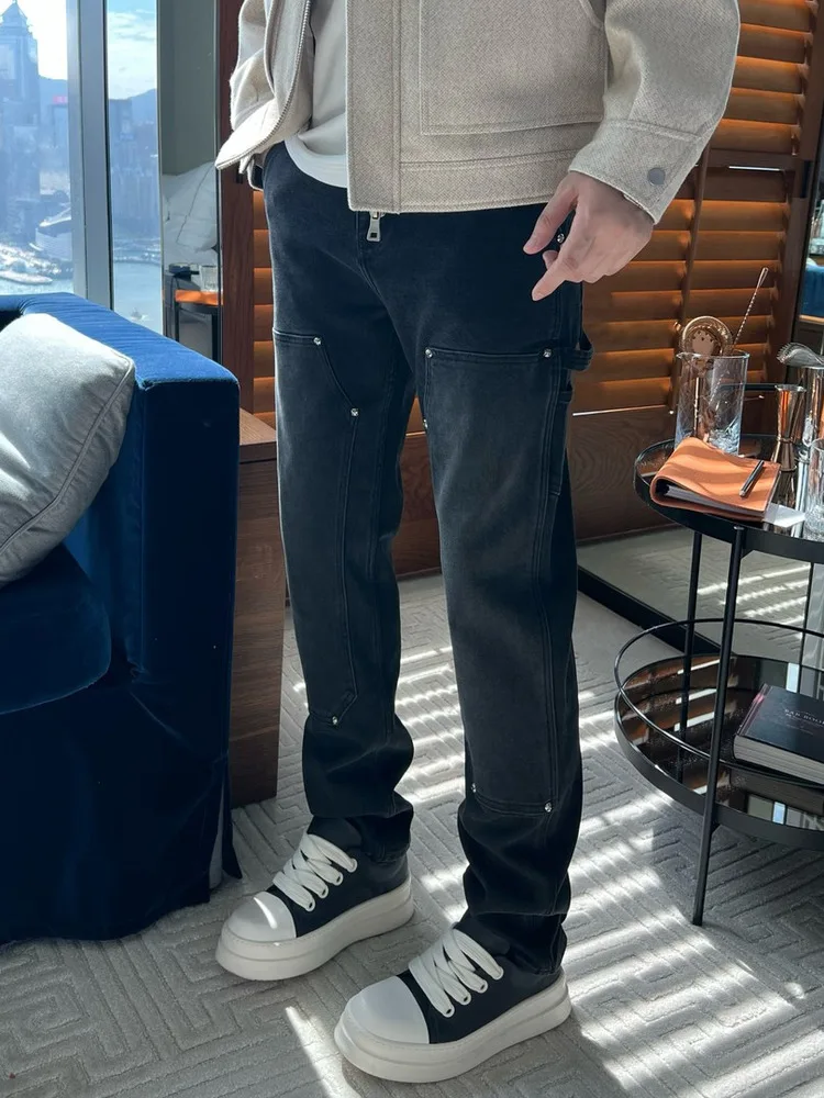 

Модные прямые джинсы для мужчин, свободные, роскошные, длинные брюки, стильный дизайн с элементами пэчворка, повседневные, удобные, осенне-зимние