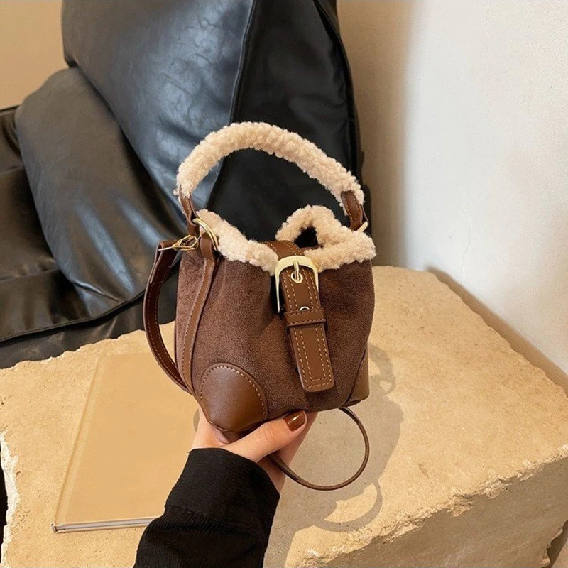 Lamb Wool Mini Bucket Bag Maillard Suede Retro Handbag 2024 New Shoulder Crossbody Handbag