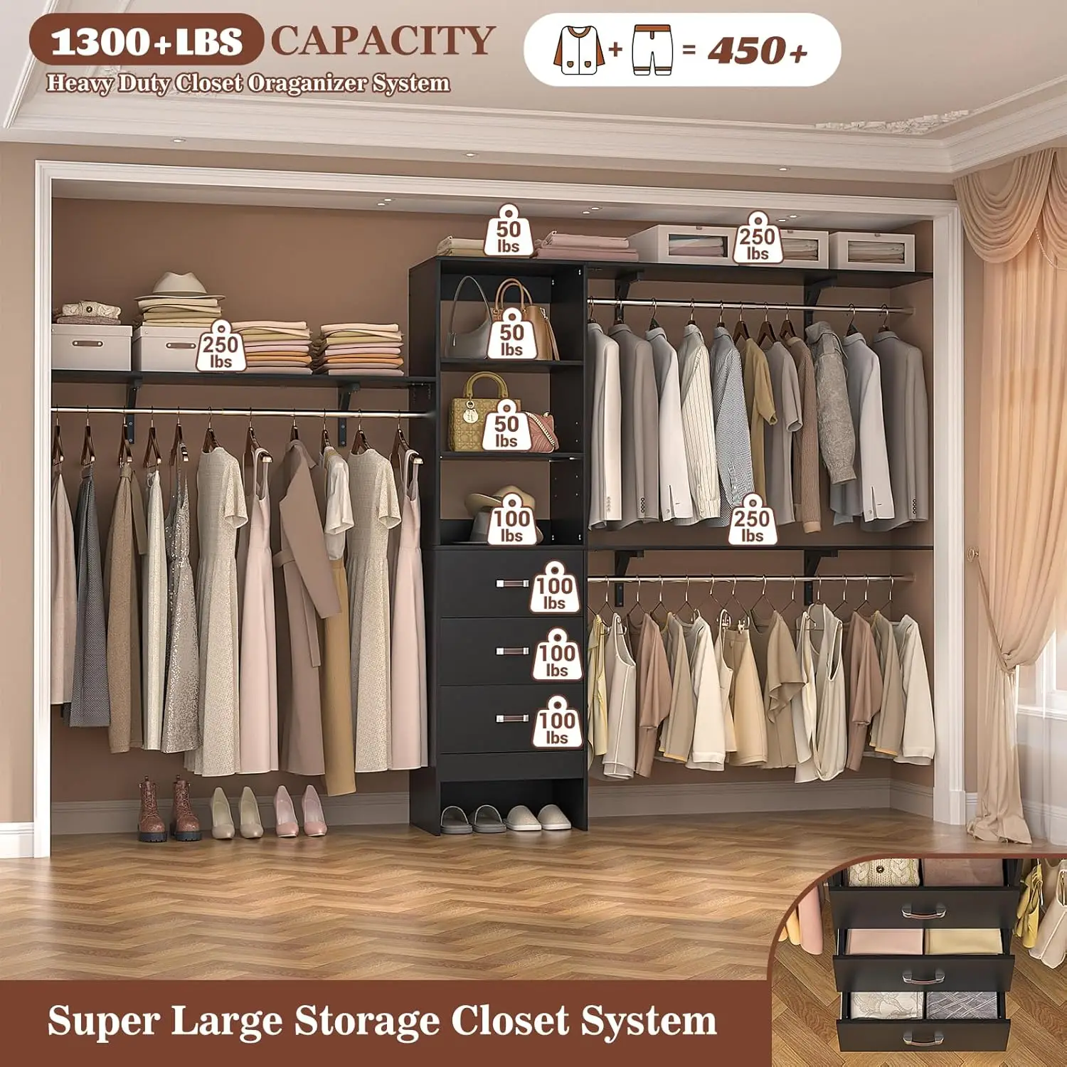 Inches Closet System, 10FT Walk In Closet Organizer with 3 Shelving Towers, Heavy Duty Clothes Rack with 3 Drawers, Built-In Gar