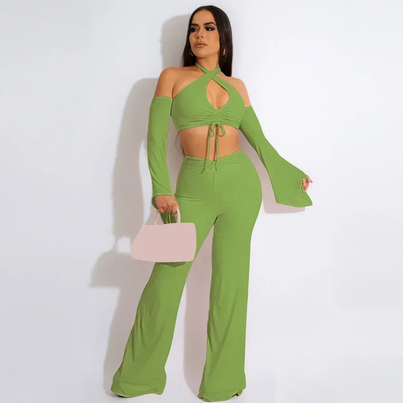 

GUWU Autumn Ruched Tracksuit Women Sexy Halter Cut Out Flare Sleeve Crop Top + Wide Leg Pants Slim Two Piece Set Casual Outfits