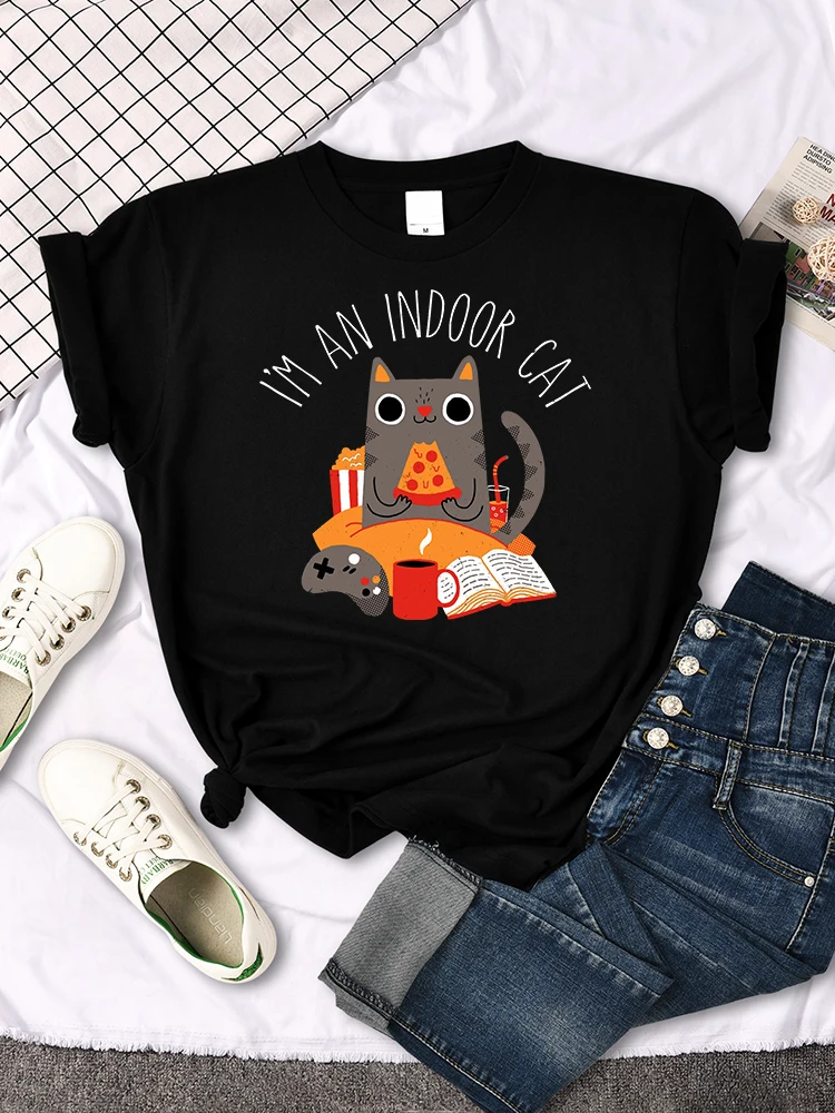 Cat Sitting And Eating Pizza Print T Shirt For Women Home Summer Tshirt Regular Sleeve Top Short Sleeve S-XXXL Famale T Shirts