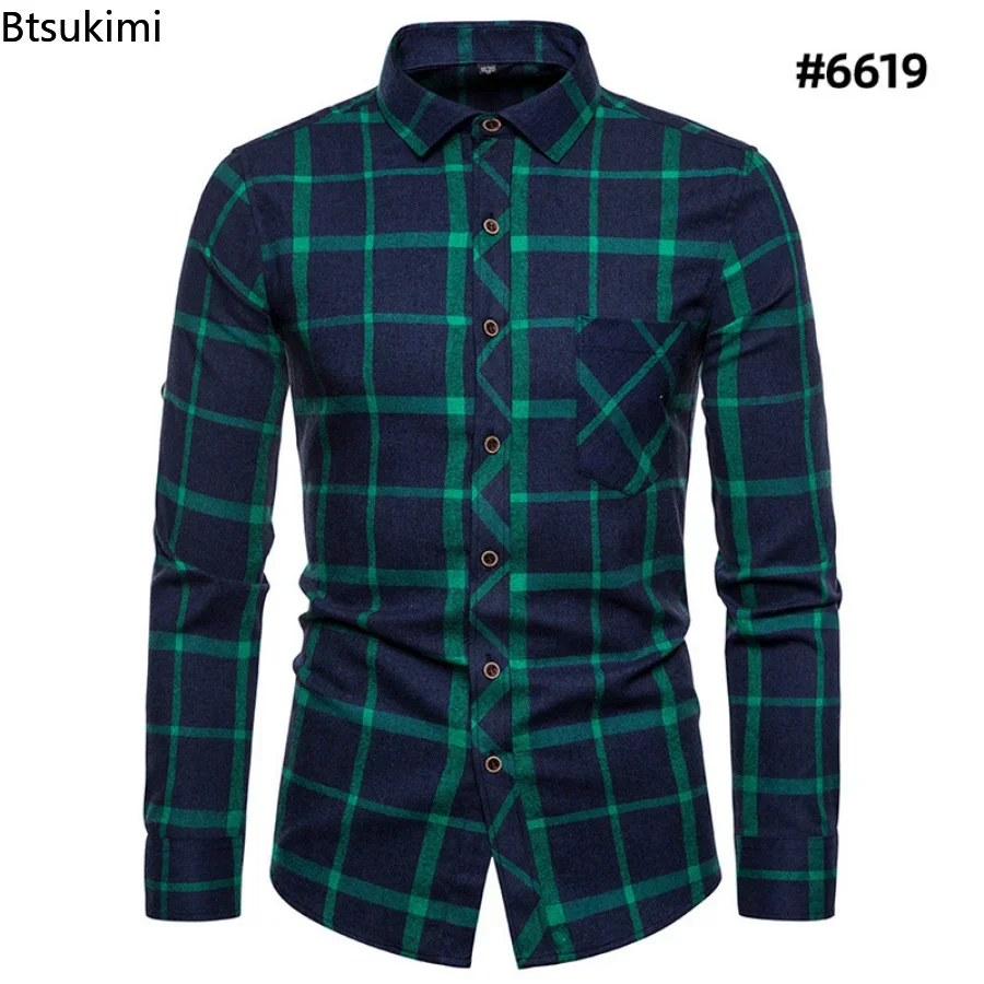 New 2024 Men\'s Harajuku Plaid Shirts 100% Cotton Pocket Long Sleeve Male Slim Fit Blouses High Quality Casual Checked Shirt Men