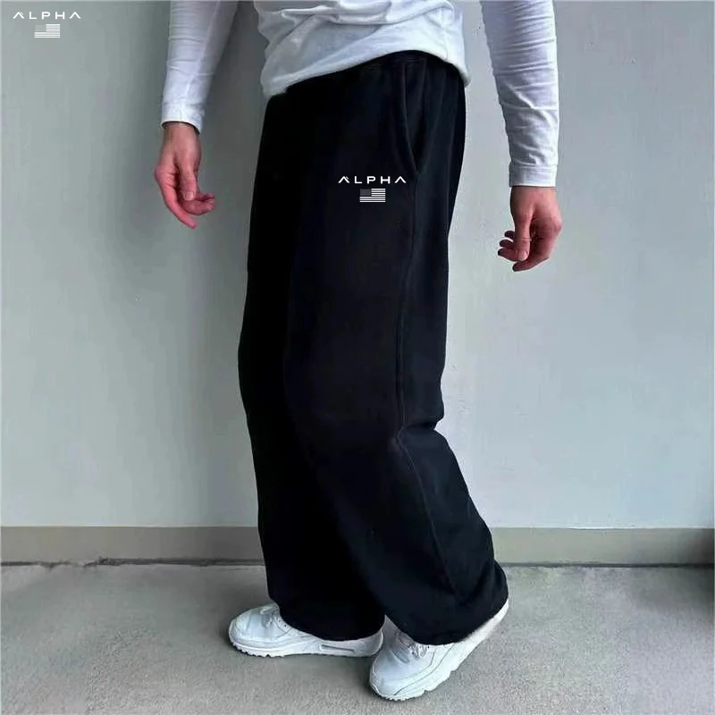 Autumn Winter Unisex Jogger Straight Sweatpants, Streetwear Wide Leg Printed Pants, Versatile Loose Casual Fleece Lined Trousers