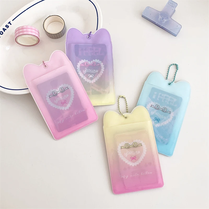 Cartoon Cat Ears 3-inch Photocard Holder Kawaii Idol Photo Protective Case Id Card Cover Storage Pendant Keychain Card Holder