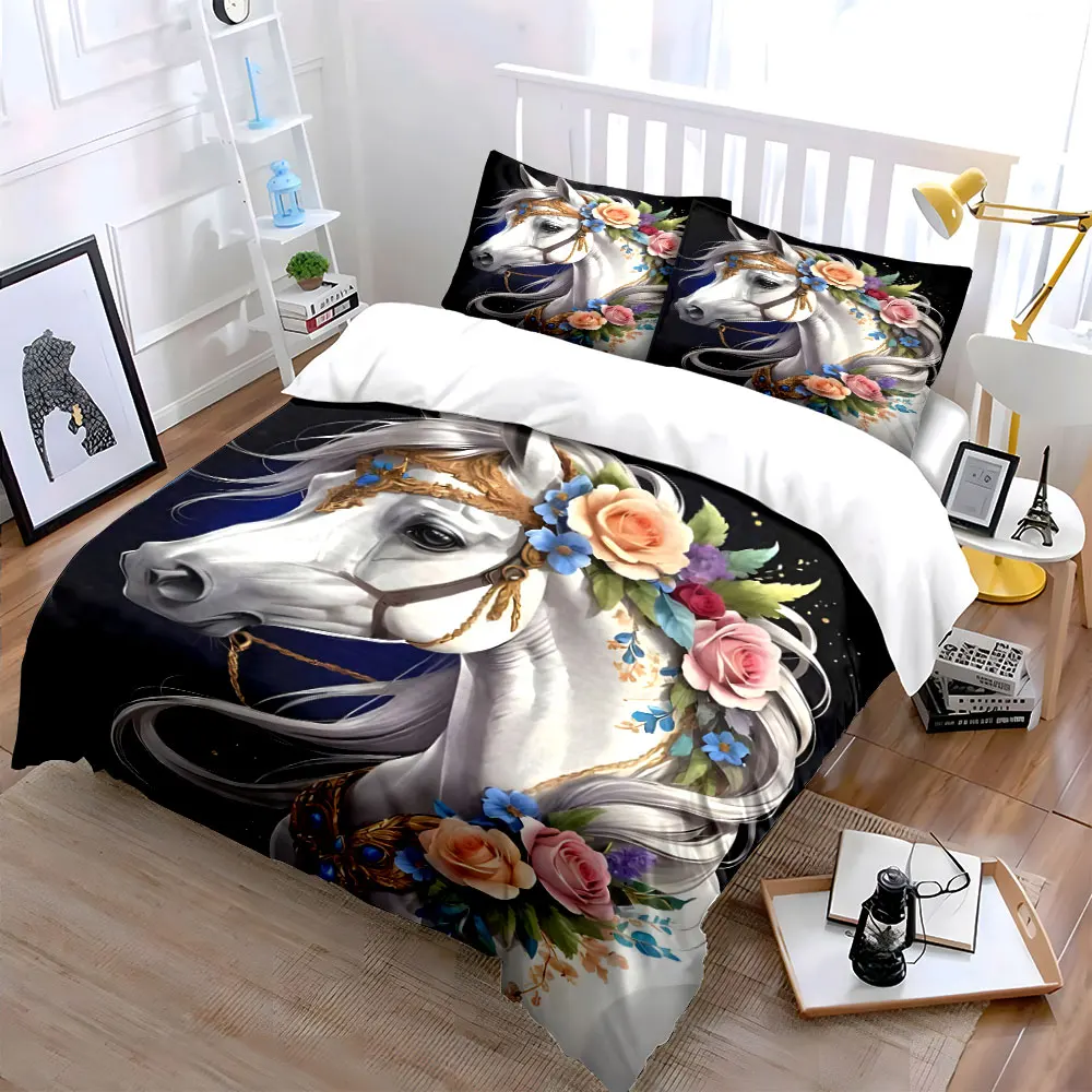 White horse with elegant floral decoration Bedding Set for Kids Luxury Gift 3pcs Digital Print Comforter Set Soft Comfortable