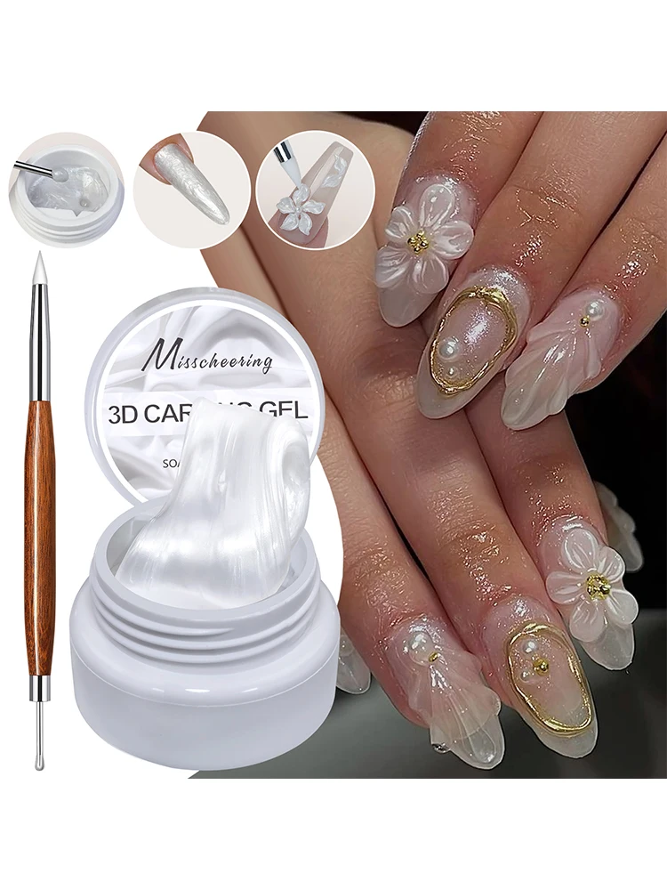 Gel blanc antiadhésif sculpté à la main avec ensemble de stylos vernis à ongles pour façonnage 3D Nail Art solide perle Satin brillant Gel pour la décoration des ongles