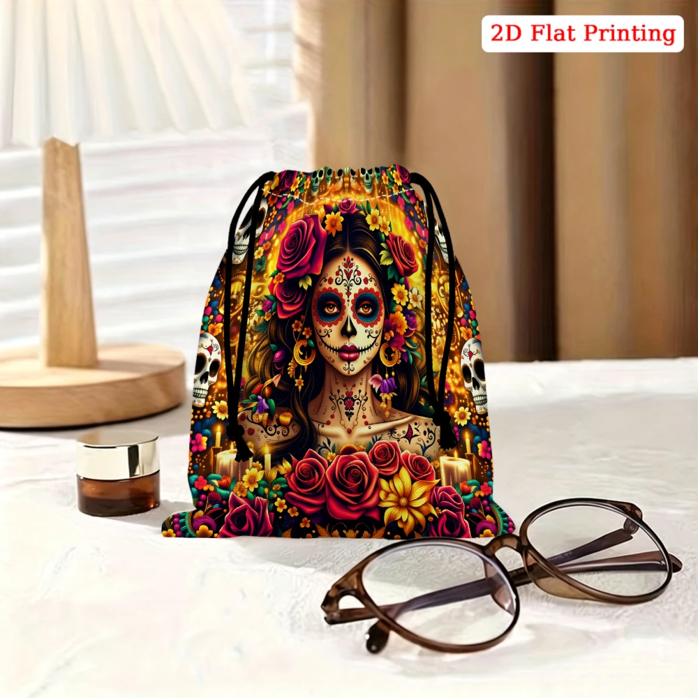 1Pc Sugar Skull Girl Drawstring Bag Colorful Floral 2D Flat Printing Storage Small Pouch Gym Travel Organizer For Women Men Ligh