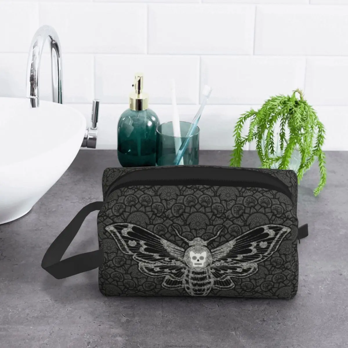 Kawaii Gothic Death Head Skull Travel Toiletry Bag for Women Moth With Mandala Cosmetic Makeup Bag Beauty Storage Dopp Kit