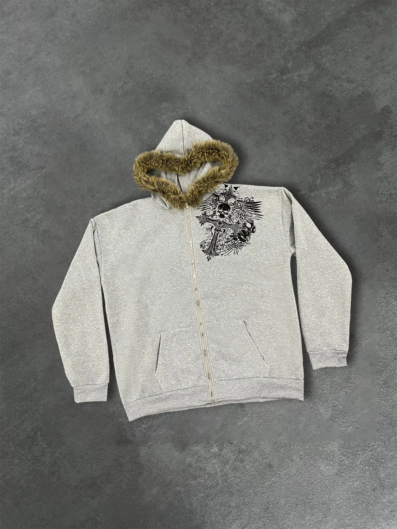 Y2K autumn and winter vintage printed plush hat hoodie, lazy and loose ins style American street jacket