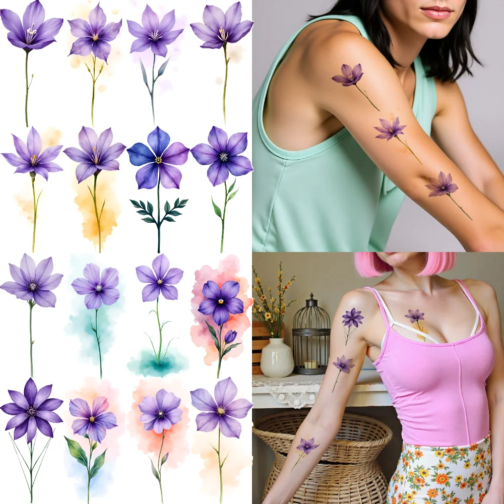 

9pcs Temporary Tattoo Floral Designs Waterproof Long-lasting Body Stickers Violet Flowers Temporary Tattoo Stickers For Cheeks