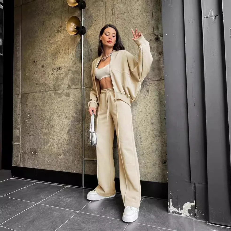 

Women's Fall 2-Piece Retro Solid Color Zip Bomber Jacket Sweatshirt+High Waist Lace Up Women's Wide Leg Pants Street Wear