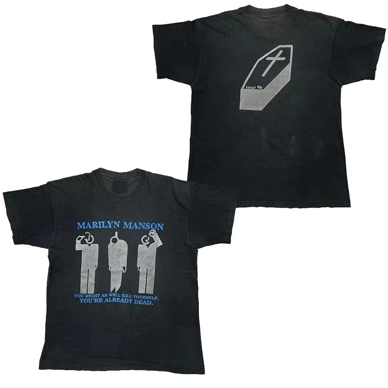 2026 New Daily Wear Faded Cotton Tee Dual Side Distressed Line Print Breathable Outdoor Workout Streetwear Shirts