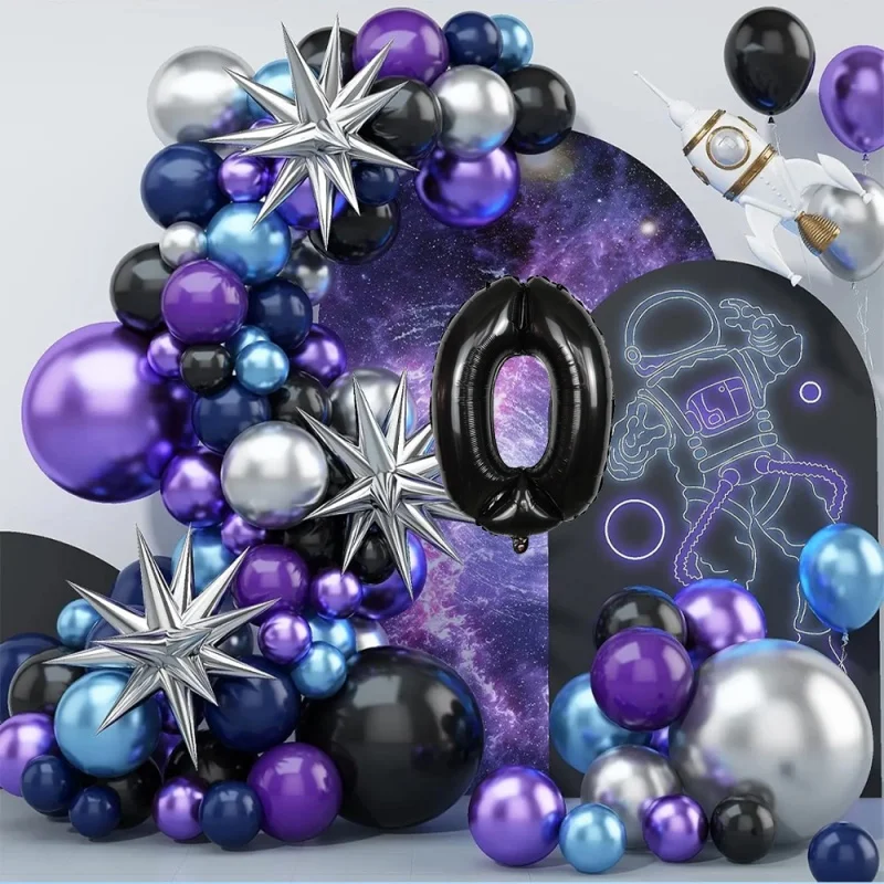 

Carnival Space-themed balloon wreath arch set in black purple and blue for birthday party decoration of children aged 1-9