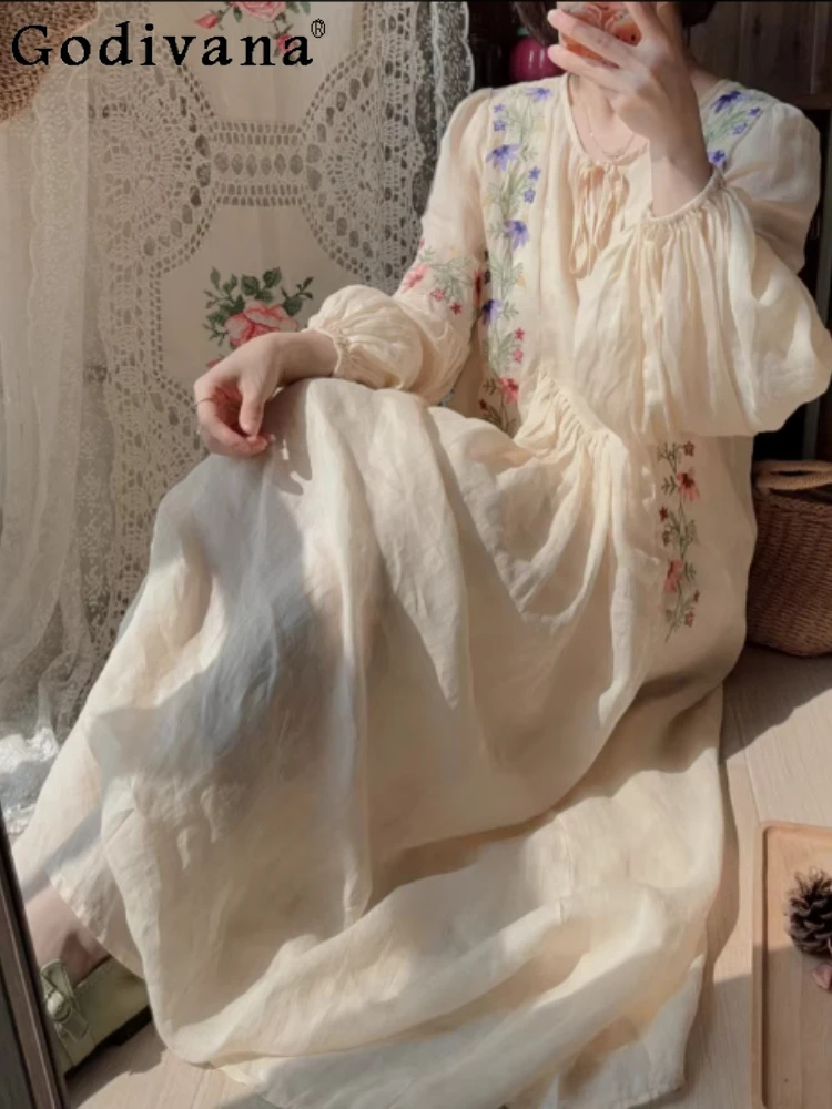 

Spring New Loose Retro Court Style Lantern Sleeve Lace-up Dresses Fashion High Waist A-line Versatile Age-reducing Apricot Dress