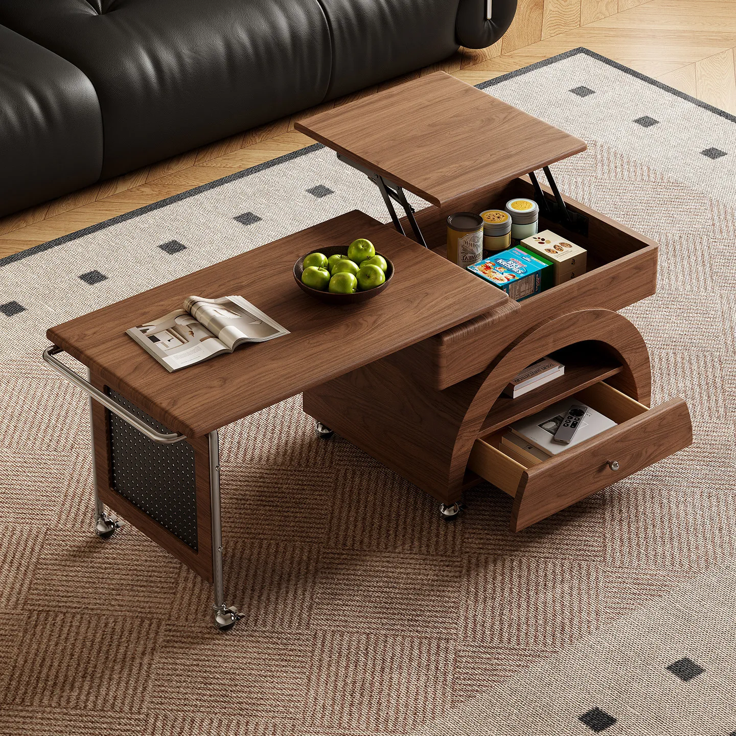 YJQ Mobile Sofa Side Table Home Customizable Coffee Table Lift Folding Corner Table Two-Purpose Cart