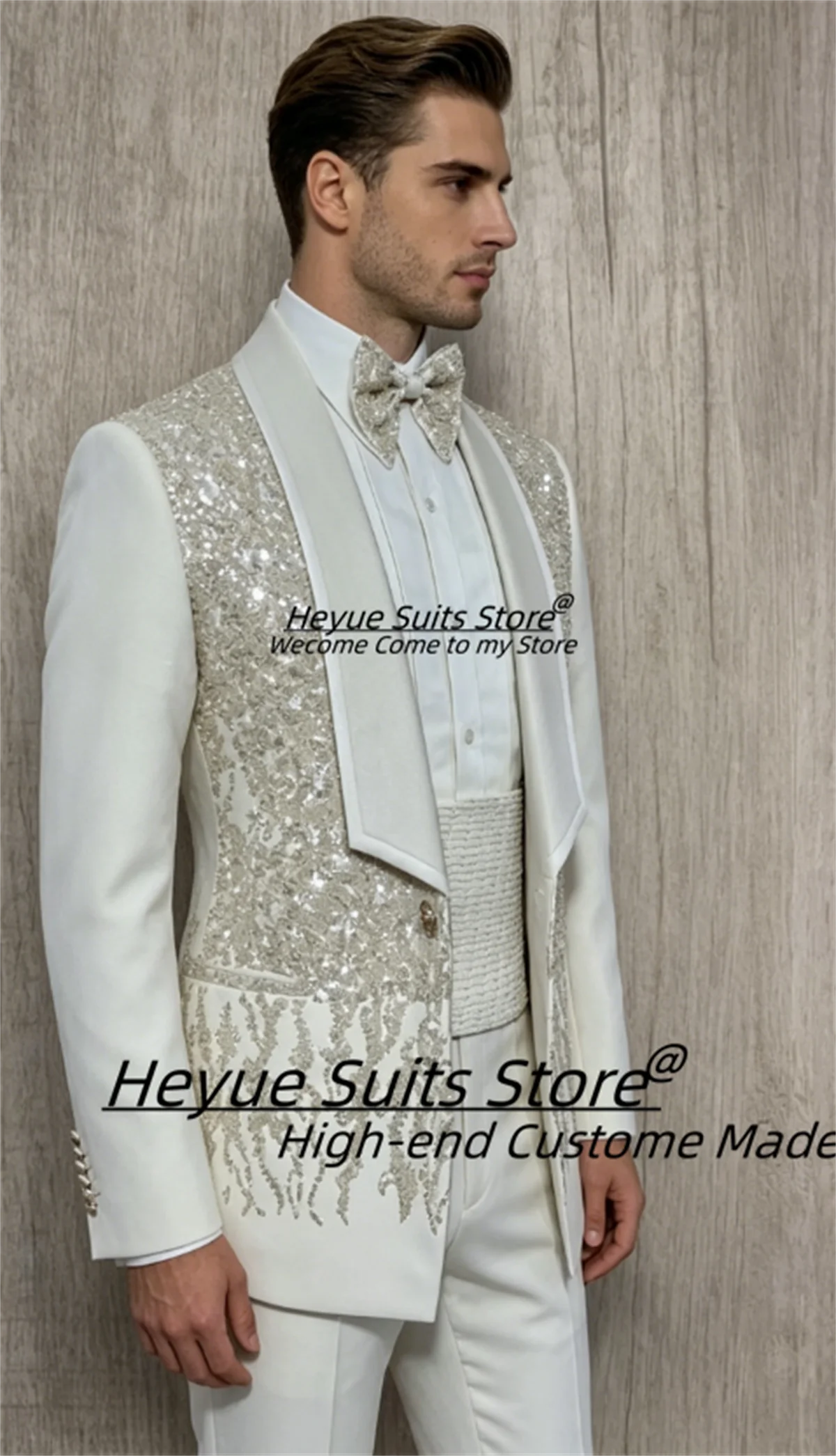 Luxurious Shiny Crystal Groom Wedding Tuxedos Customized Slim Fit Shawl Lapel Men Suits 2 Pcs Sets Male Prom Blazers Ropa Hombre