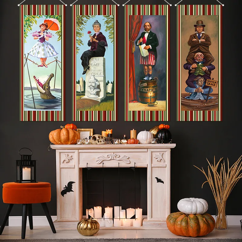 4PCS Haunted Mansion Stretching Portrait Halloween Decoration Horror Poster for Outdoor Home Wall Decor Halloween Hanging Banner